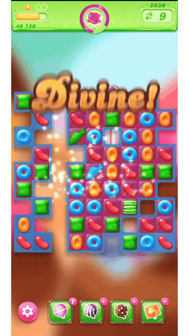 Gif shows a game board in Candy Crush Jelly Saga. The player matches orange candies in a T-Shape and creates a Wrapped Candy